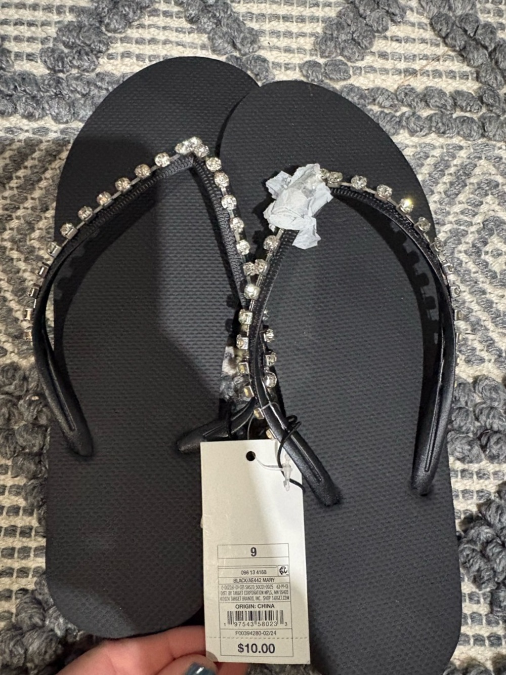Women's size 9 black jeweled flip flops- NEW